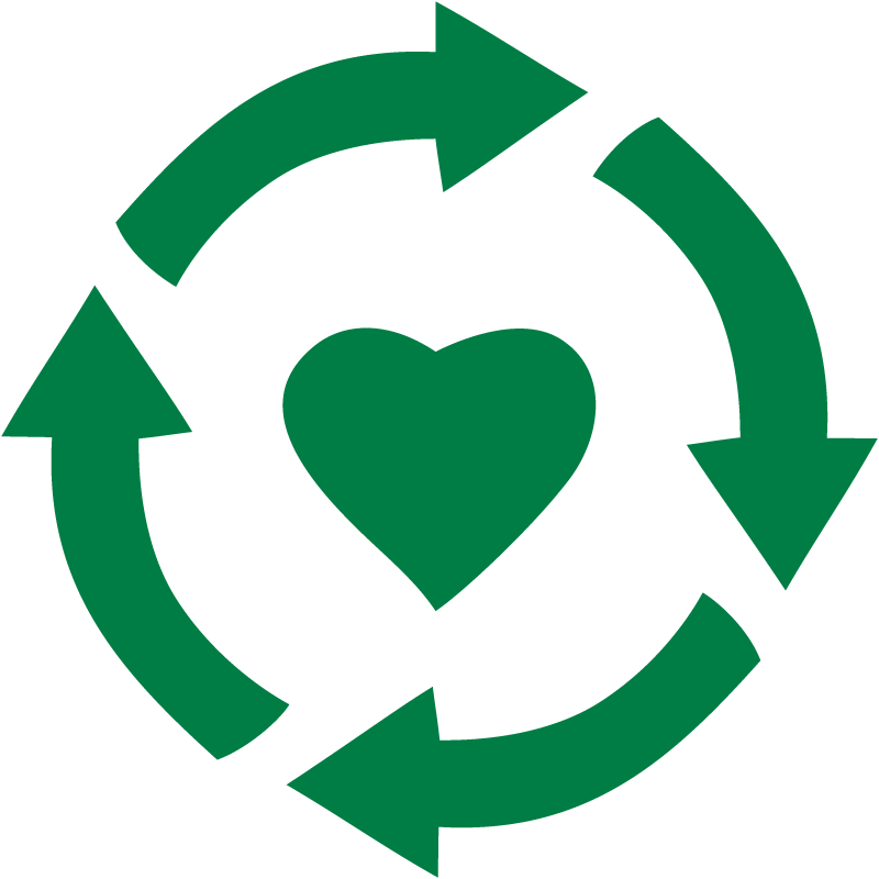 sello de calidad en color verde con el símbolo de un corazón rodeado de flechas